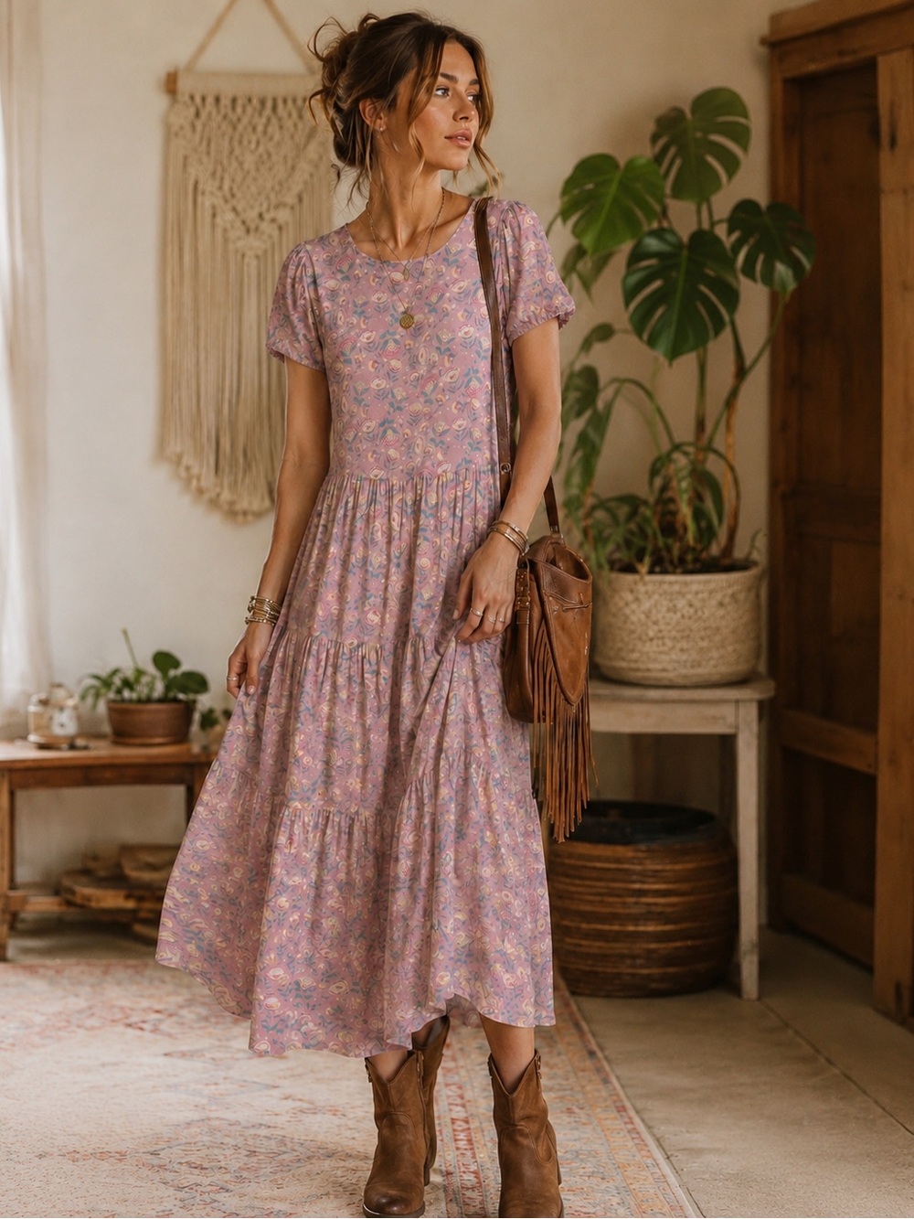 Boho Tiered Midi Dress in Lavender Pink Floral